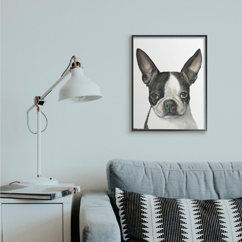 «Boston Terrier Pet Dog» par George Dyachenko - peinture sur toile, H 30 po x l 24 po, Giclée encadrée noir minuit