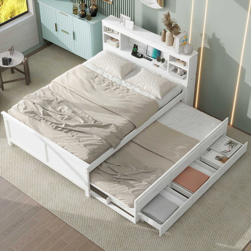 Lit plateforme avec tête de lit avec rangement, Blanc, Double