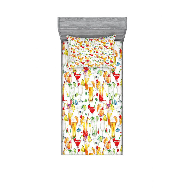 Ensemble de draps de boissons exotiques cocktails d’été, Ensemble de draps pour lit simple avec drap-housse