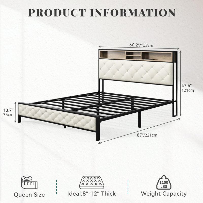 Structure de lit grand avec station de charge et tête de lit tapissier pour le rangement, support à lattes en métal, sans sommier, beige, design élégant, tête de lit encastrée avec rangement