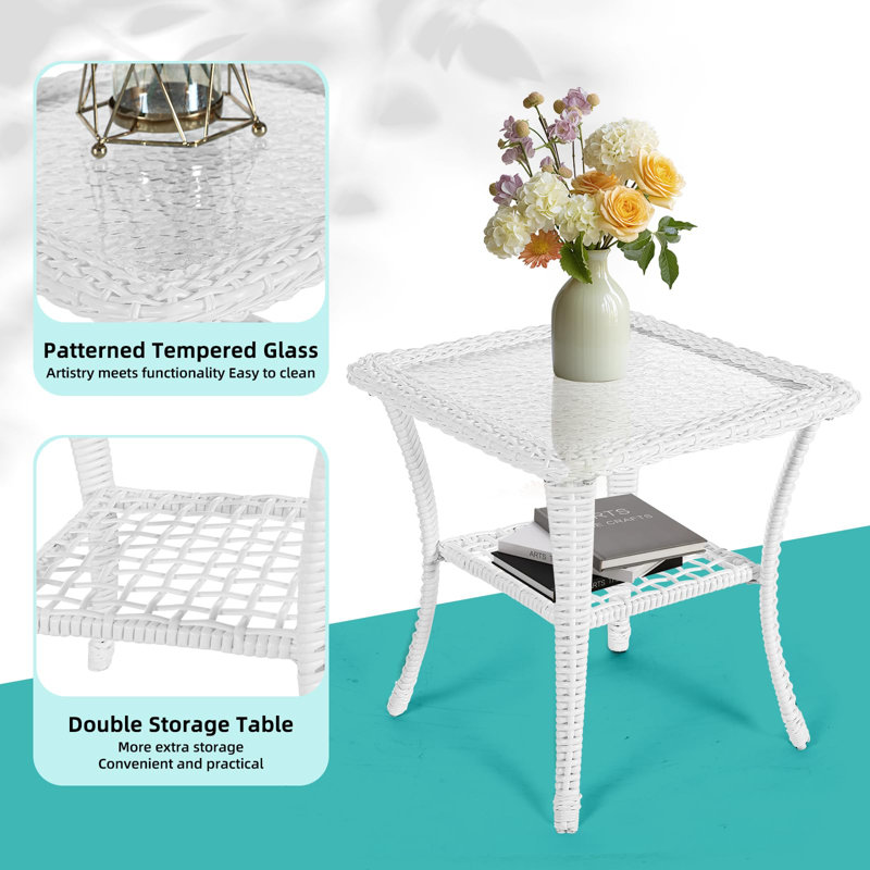 Bay Isle Home™ 3 Pieces Patio Conversation Set, Rattan Outdoor Rocking Patio Bistro Set With 2 Rockers And 1 Side Table With 4" Thick Cushions, Outdoor Furniture Set For Porch Backyard, White Wicker