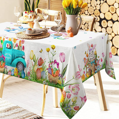 Nappe de Pâques avec motif Joyeuses Pâques - avec lapin, œufs, camion et tulipe - idéale pour le dîner en plein air, le pique-nique et la décoration de la salle à manger