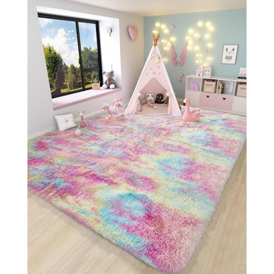 Tapis multicolores arc-en-ciel pour le salon 5 x 8, tapis moelleux pelucheux à peluche licorne, tapis à poils longs pour chambre à coucher, tapis pour chambre d'enfant
