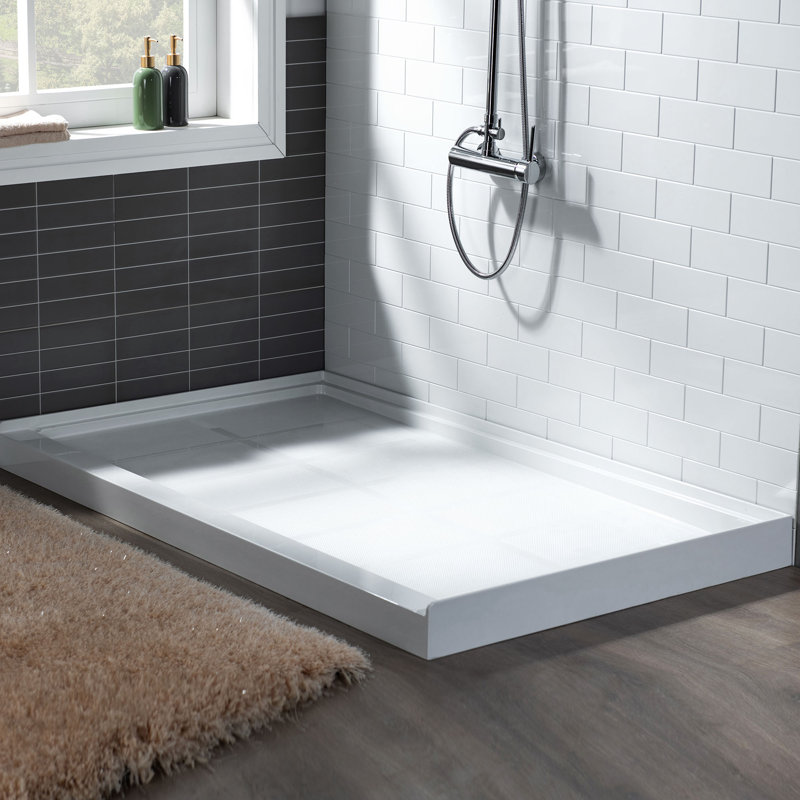 60" W x 34" D Solid Surface Single Threshold Shower Pan Base with Drain Assembly & Drain Cover Included, Non-Slip, Right