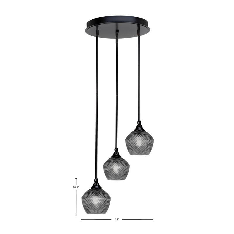 Luminaire suspendu grappe suspendue 3 lumières avec verre texturé 6 po Nahili Empire, Noir/transparent, Noir mat, Fumée