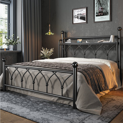 54"H Metal Bed Frame With Storage Headboard, Led Light And Power Outlets