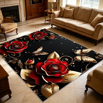 Tapis rétro floral rouge foncé et or papillon 1 pièce pour salon, doux et confortable, convenant à toutes les saisons, facile à entretenir et lavable à la machine, tapis de table sous la table convenant à la salle à manger, la chambre à coucher,