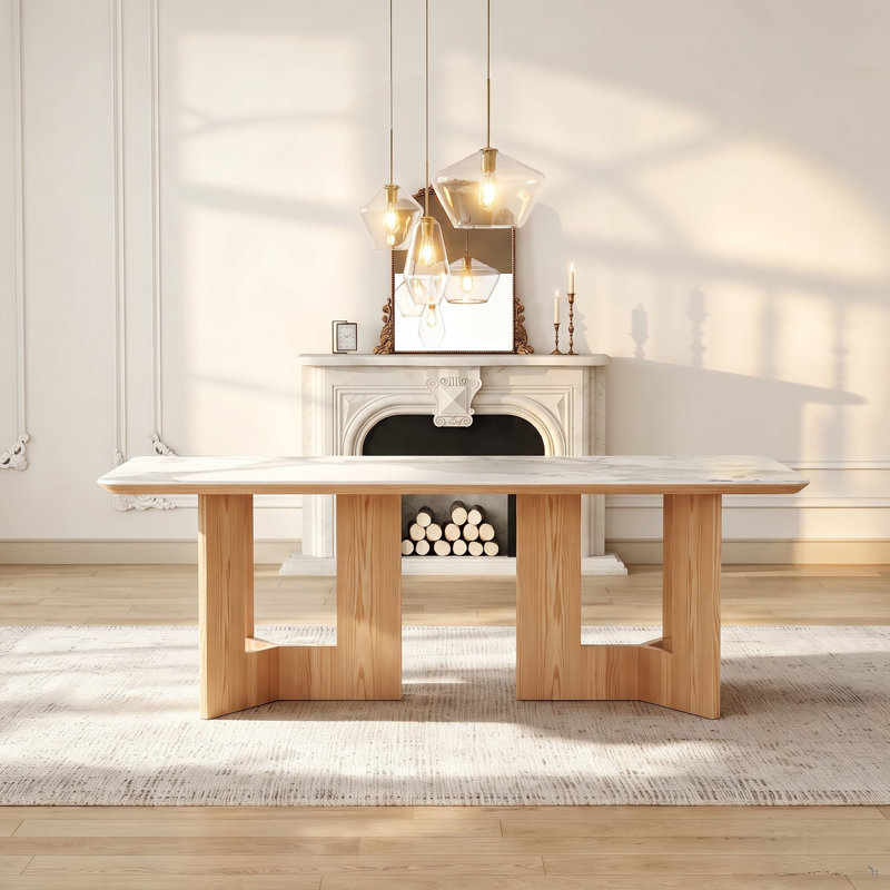 Sintered Stone 82.6'' Solid Wood Pedestal Rectangle Dining Table Seat 6-8