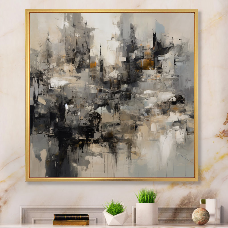 «Grey Black Inner Worlds of Marble I», reproduction d'art sur toile encadrée géométrique abstraite, Cadre flottant doré