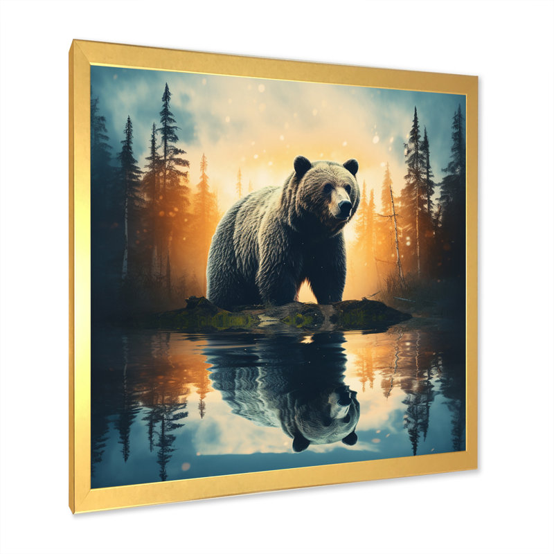 «Double Exposure Bear», art mural grand ours, Cadre doré simple, H 30 po x l 30 po x P 1 po