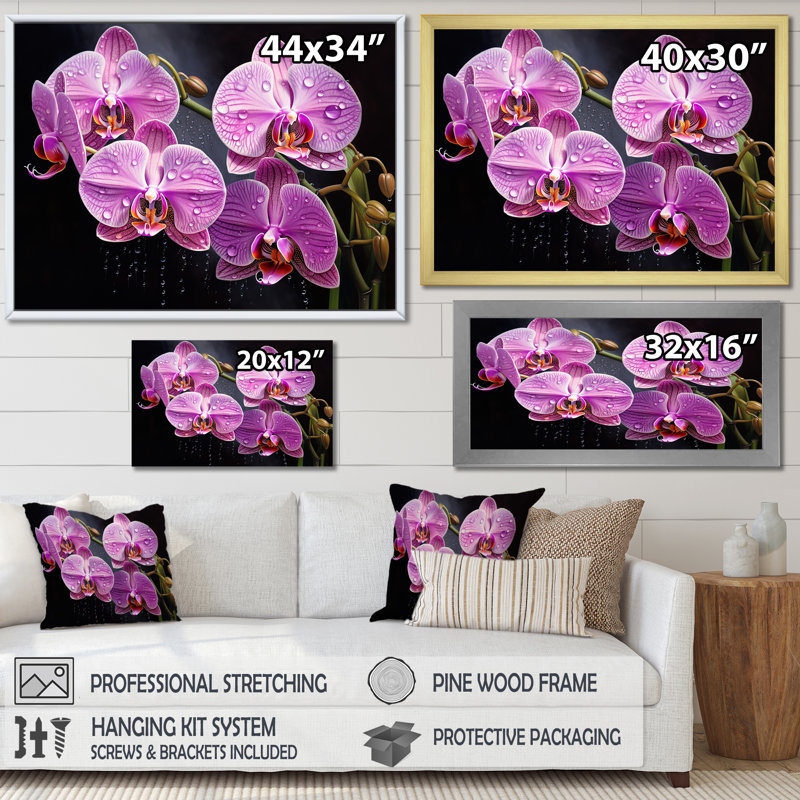 Orchidées roses, oasis sur toile, H 30 po x l 40 po x P 1,5 po, Cadre flottant blanc