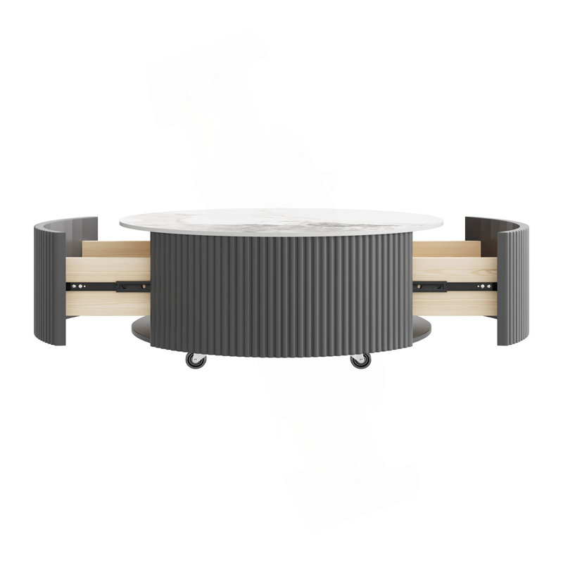 Table basse ronde moderne mobile avec roulettes, 2 tiroirs, plateau en marbre fritté à motif marbré, Gris