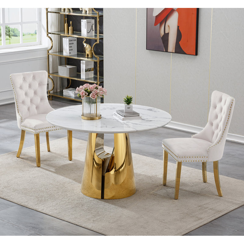 Dining Table Set, 45" Round Marble Dining Table with Velvet Dining Chairs, Circle Kitchen Table Set with Base, Dining Room Table and Chairs Set