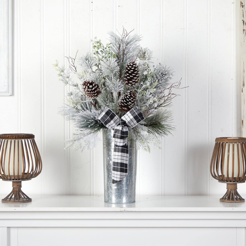 Flocked Greenery and Pinecone Christmas Arrangement with Plaid Bow