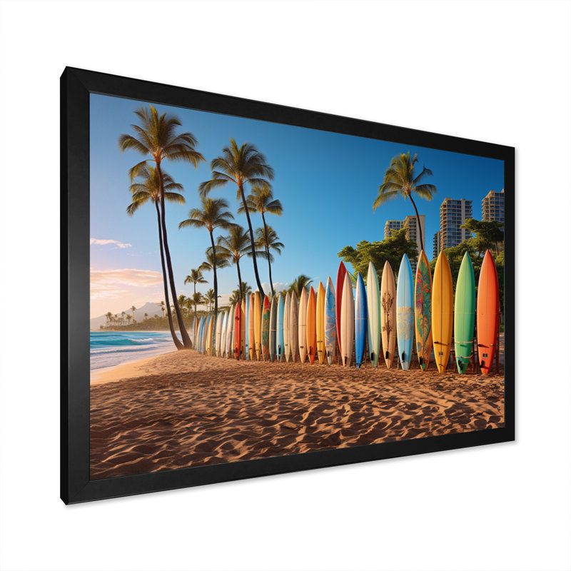 Truitts Hawaii Surfers Paradise - Art mural d'Hawaï, H 30 po x l 40 po x P 1,5 po, Cadre simple noir