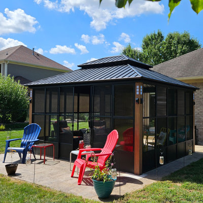 PURPLE LEAF 12' W x 14' D Patio Hardtop Gazebo Double Top Outdoor Screen House Aluminum Solarium Backyard Sun Room