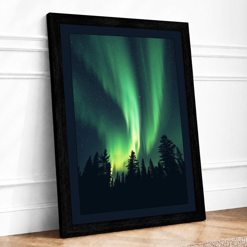 Aurora Over Silent Forest Scandinavian - Framed Print, A3 - 42.0 x 29.7 cm, Black