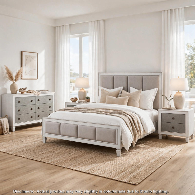 Ensemble de chambre à coucher King, design rembourré, gris et blanc, 4 pièces avec 2 tables de chevet et une commode