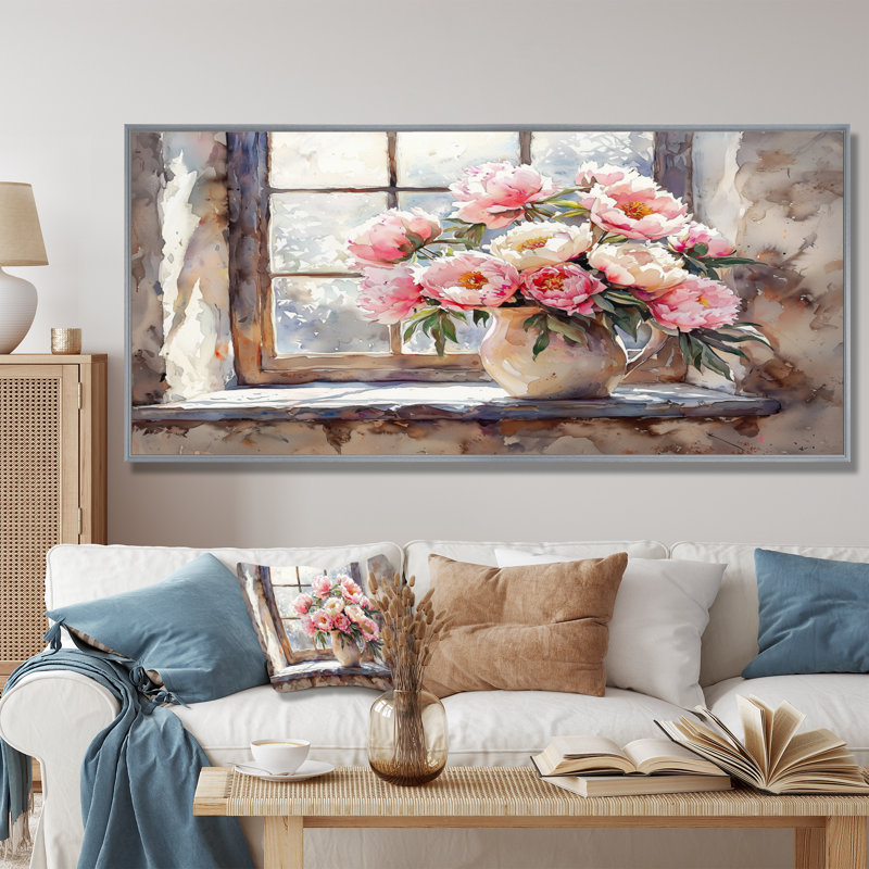 «Rustic Romance Peony Bouquet I», art mural pivoines pour le salon, H 28 po x l 60 po, Encadrement argenté