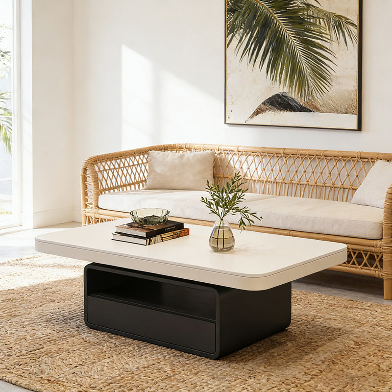 Table basse de luxe à plateau de rangement en ardoise, Blanc, Noir, H 16,53 po x l 47,24 po x P 23,62 po