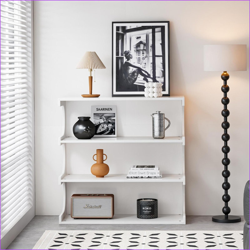 Bibliothèque à 4 niveaux avec tablette de rangement et table basse | Blanc neige | Panneau de fibres à densité moyenne P2