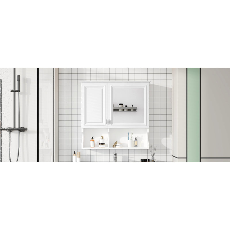 Armoire de rangement et miroir mural de salle de bain 30 pouces, tablette réglable, compartiment caché, étagère ouverte, cadre blanc moderne rectangulaire, cadre en bois massif, armoire à pharmacie à charnières à fermeture douce