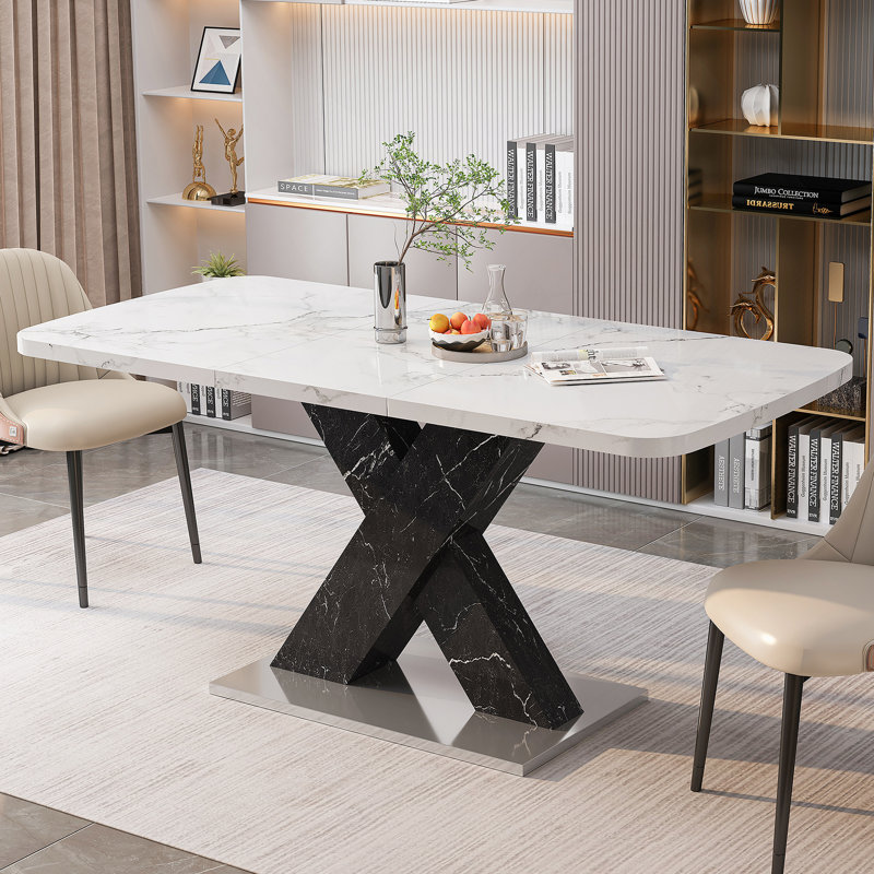 Table de salle à manger moderne carrée, extensible, plateau de table en marbre blanc imprimé et panneau de fibres à densité moyenne