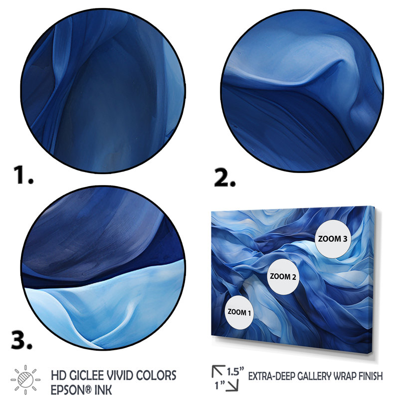 «Blue Emotional Tachisme Waves 3 - Tachisme», art mural, Cadre flottant doré, H 16 po x l 32 po x P 1 po