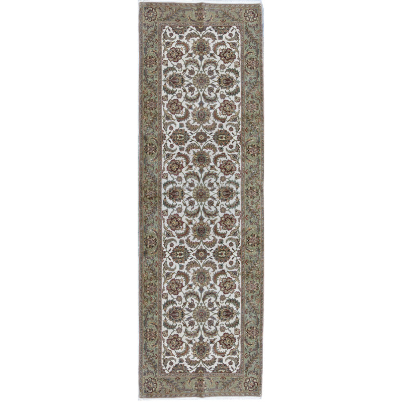 Tapis ivoire et vert clair noué à la main de haute qualité, Tapis de couloir 5 pi 1 po x 16 pi 3 po