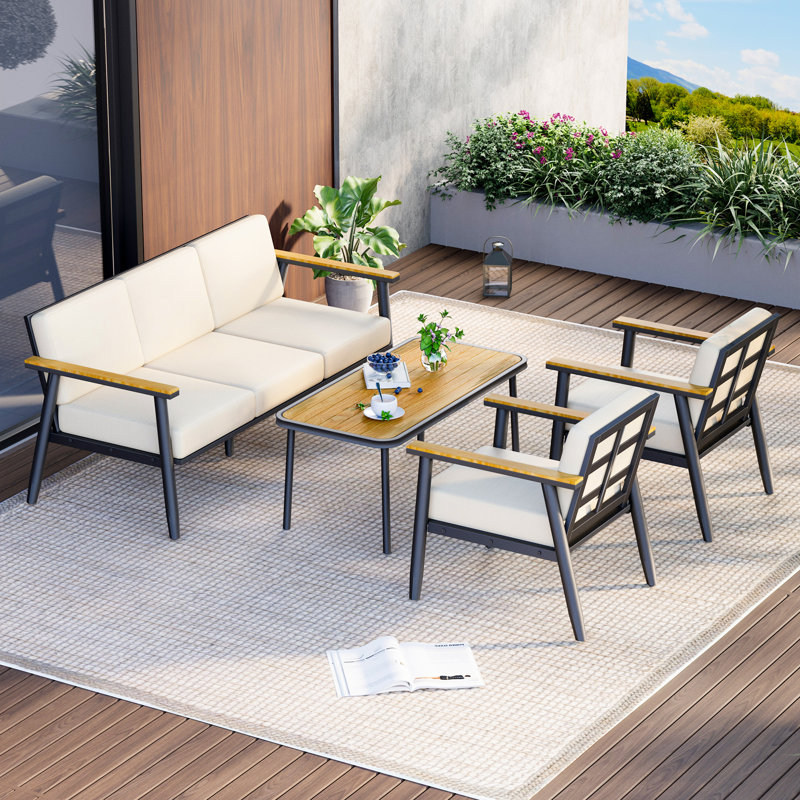  Ensemble de mobilier d'extérieur pour 5 personnes avec coussins en oléfine, ensemble de conversation en métal avec table basse, ensemble de conversation pour patio moderne