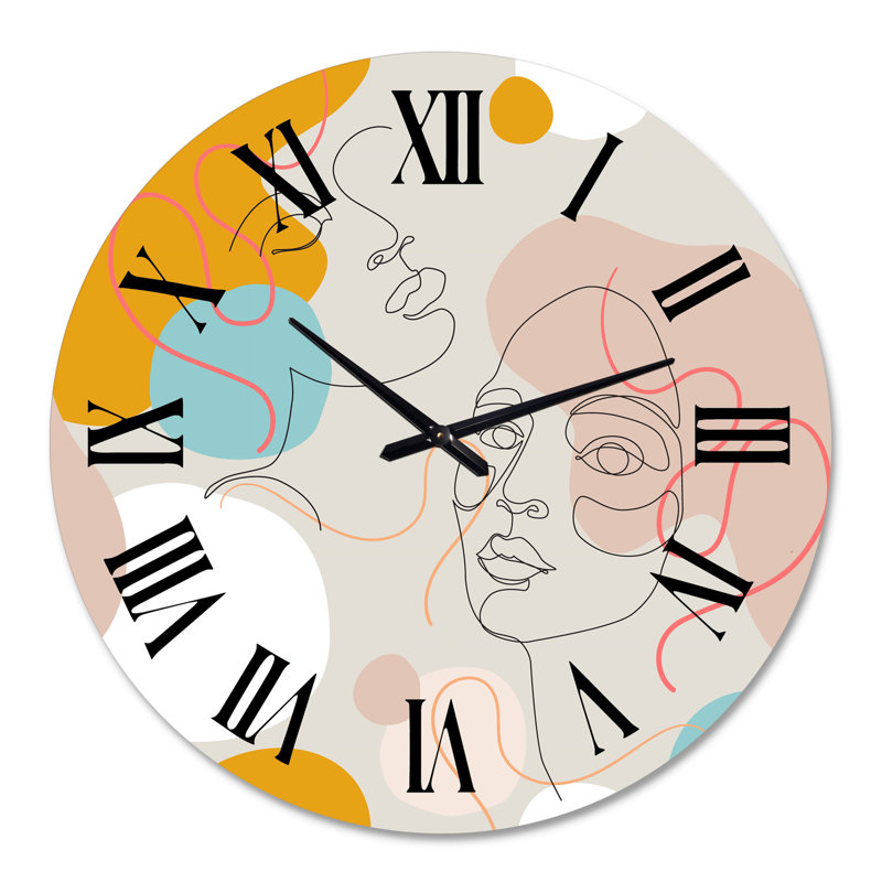 Minimaliste, une ligne, portrait d'un visage féminin II - horloge murale moderne, 29" H x 29" W x 1" D