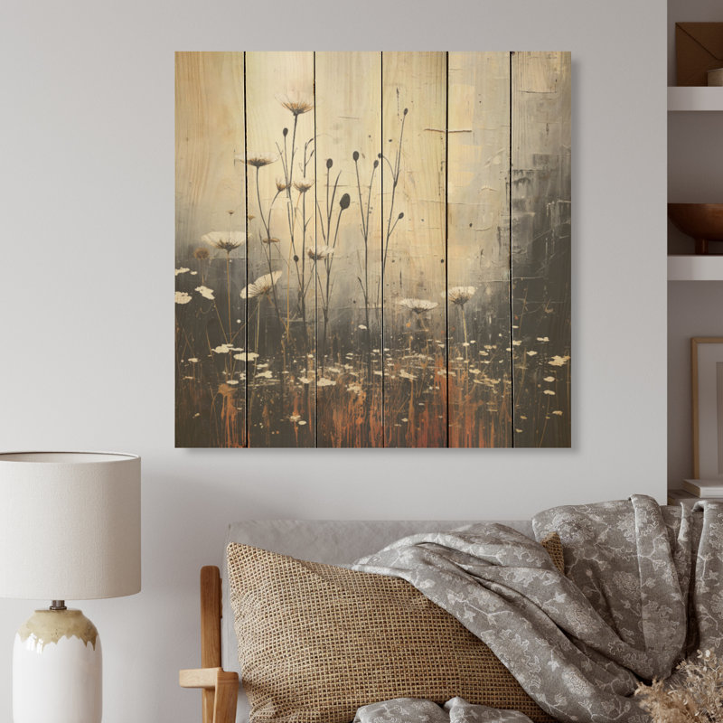 Minimalisme, prairie au crépuscule - Art mural en bois sur bois de pin naturel, H 25 po x l 25 po