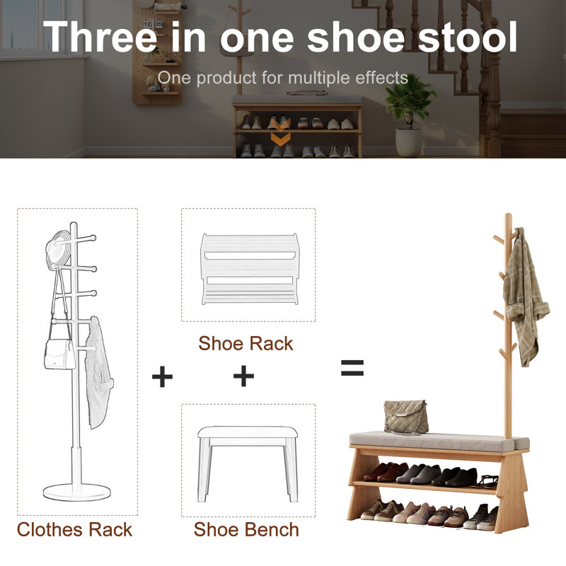 Solid Wood Entryway Bench with Integrated Shoe Rack & Coat Hooks – Angled Side Design, 65.75'' H x 39.37'' W x 13.78'' D, Tan