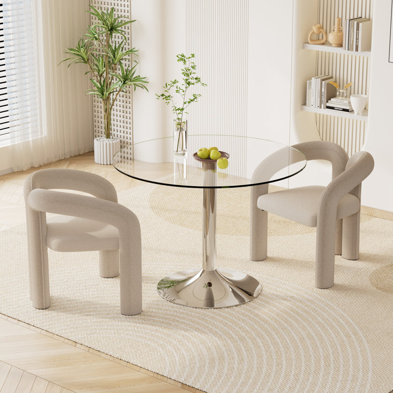 3 Piece Glass Dining Set with Barrel Accent Chairs, Beige
