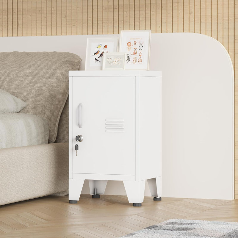 White Nightstand, Single Door Pantry Cabinet with Adjustable Shelf and Feet can be Used as Side Table, Stackable Small Storage Cabinet for Bedroom, Living Room, Office and Gym