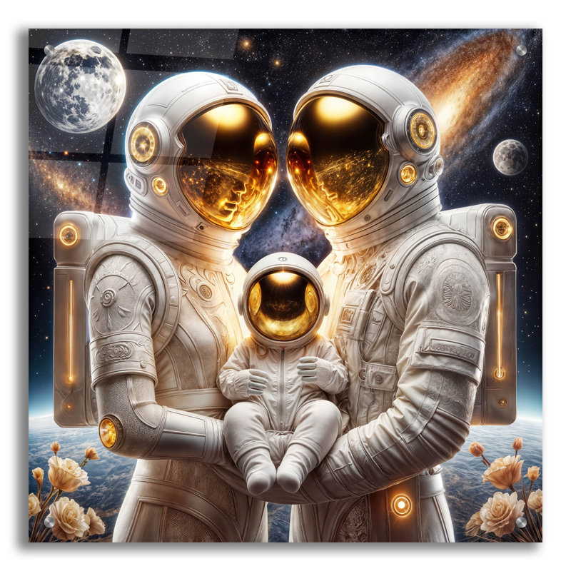 «Space Family» par Rey Klimt, art mural en verre acrylique, H 24 po x l 24 po x P 0,2 po