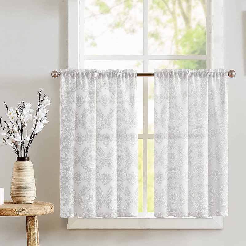 Adonys Damask Tailored Cafe Curtain, White