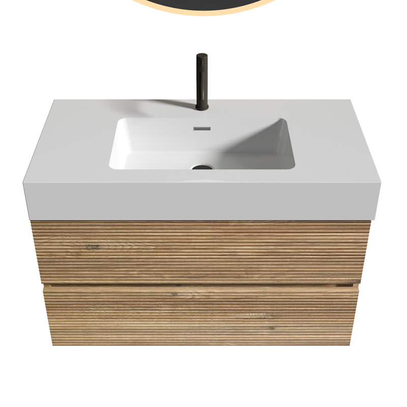 Meuble-lavabo flottant mural 36 po, chêne brut, lavabo blanc, drainage en U, meuble-lavabo à fermeture en douceur avec tiroirs d'ingénierie, panneaux de catégorie E1