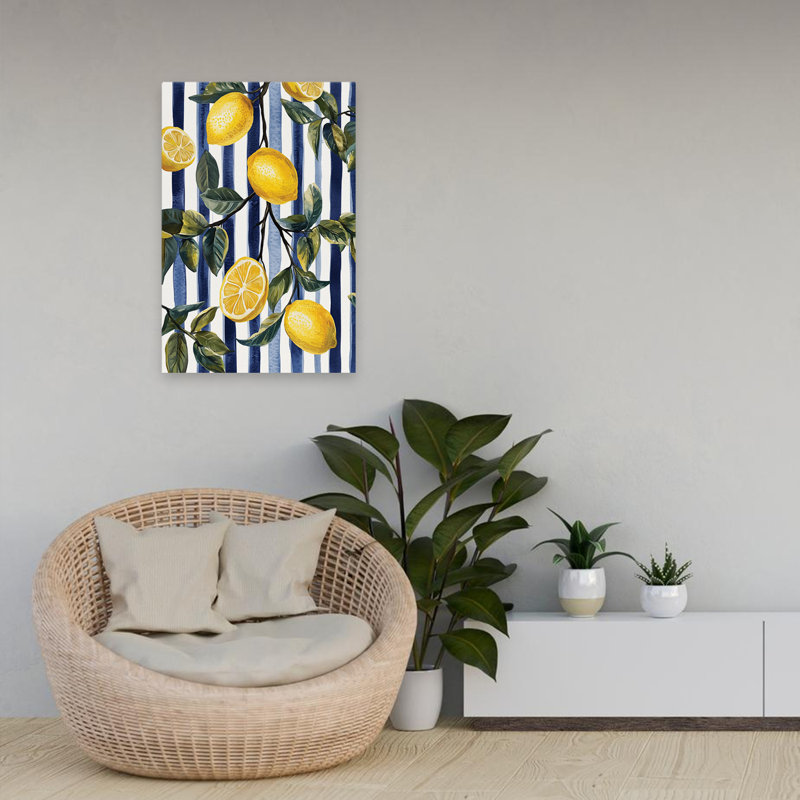 Citrons sur rayures 2 - Art botanique côtier de style bord de mer, H 24 po x l 16 po