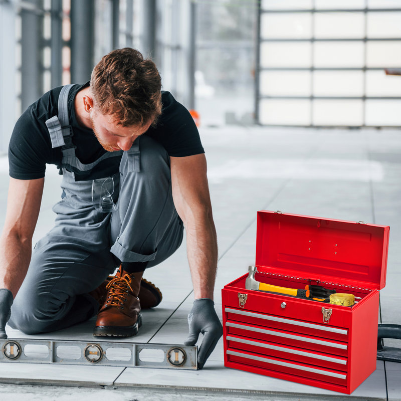 Boîte à outils 4 en métal portable - Fabrication en acier de qualité, finition rouge, pour divers espaces de travail Boîte à outils avec 4 tiroirs en acier, thermolaqué, serrure sécurisée, garage et entrepôt