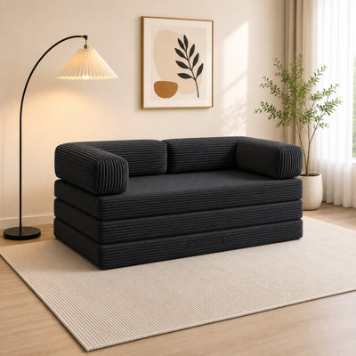 Canapé-lit 60 po 5 en 1 en velours côtelé 60 po beige, matelas de sol pliant en trois avec poignée et accoudoirs amovibles en forme de L pour le salon, la chambre à coucher et l’appartement