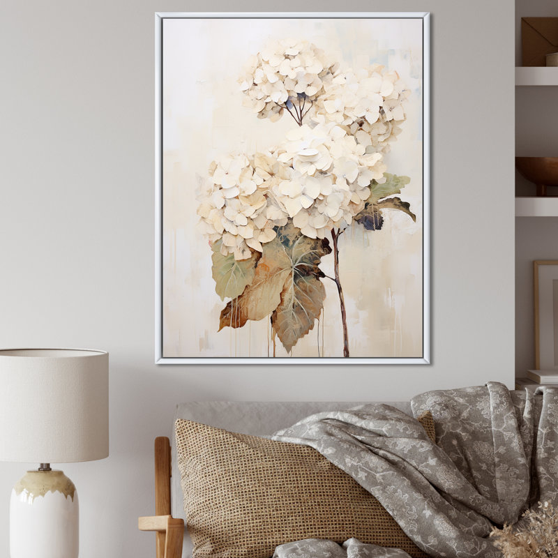 Rétro minimalisme hydrangée IV - art mural hortensia, H 40 po x l 30 po x P 1,5 po, Cadre flottant blanc