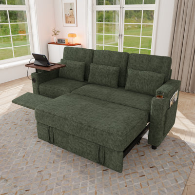 81" Convertible Chenille Sleeper Sofa Bed with Adjustable Backrests, Pull-Out Bed, Power Recliner, Side Table, USB Charging Port & Storage Armrests