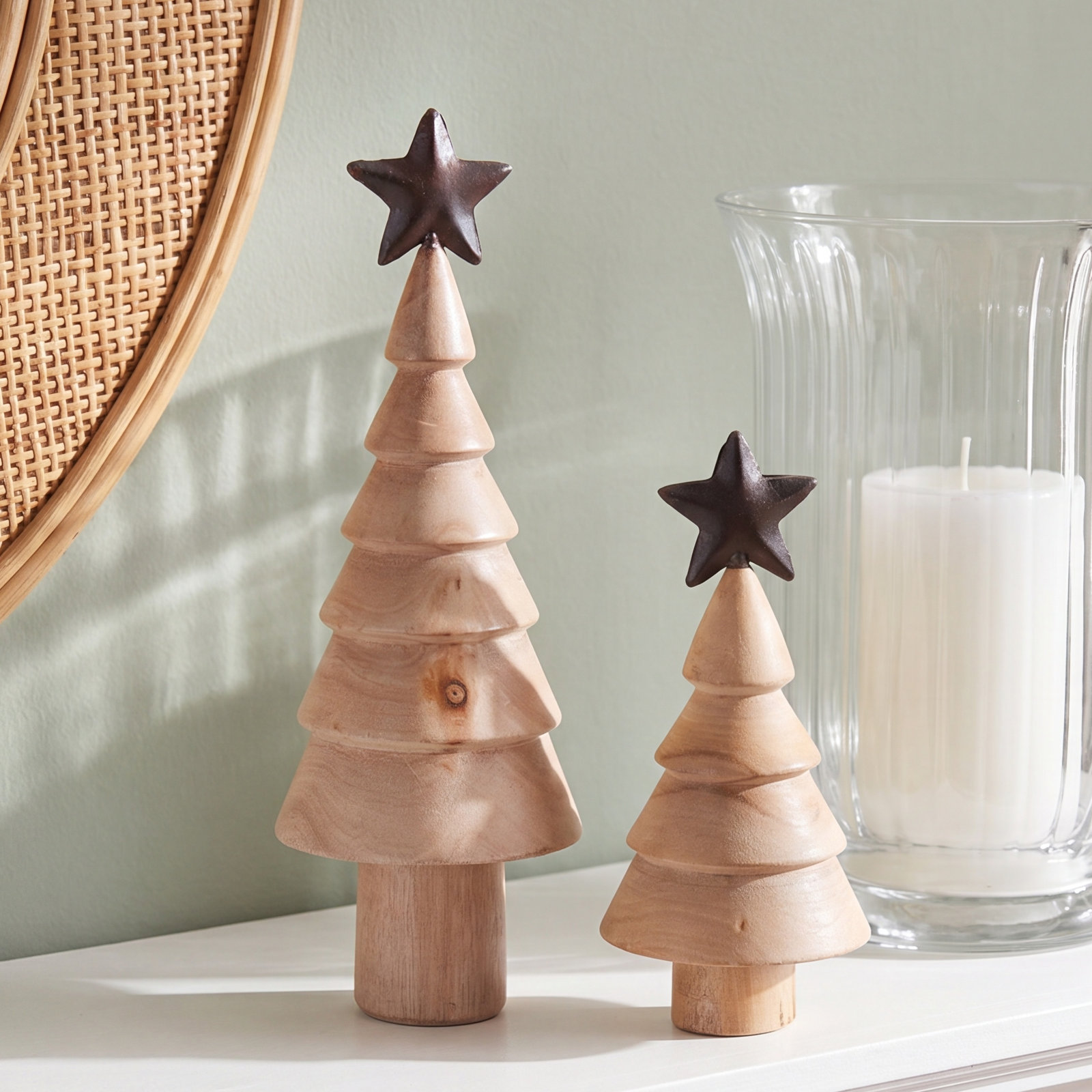 Natural Wood Tree with Metal Star (Set of 2)