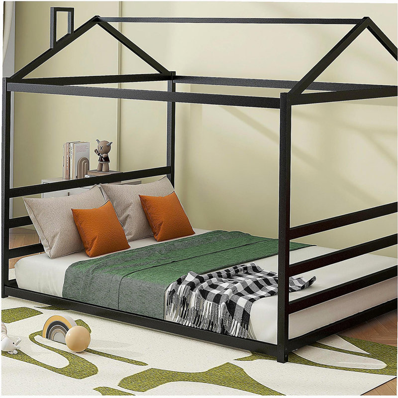 Metal house-shaped platform bed, black, extra-large, Black