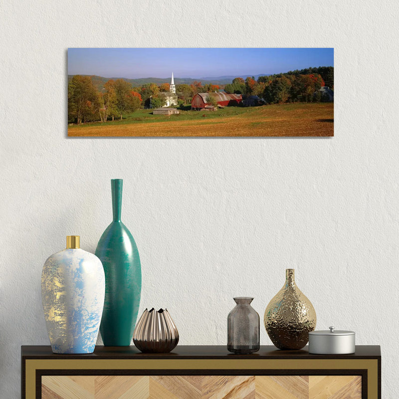Church And A Barn In A Field, Peacham, Vermont, USA - Wrapped Canvas Panoramic Print, 30.48 cm H x 91.44 cm W x 1.91 cm D