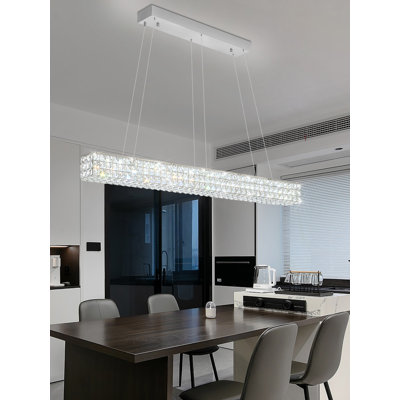 Modern Crystal Chandelier Rectangular Crystal Chandelier Contemporary Linear Pendant Ceiling Light Fixture For Living Dining Room Kitchen Island (L 48")