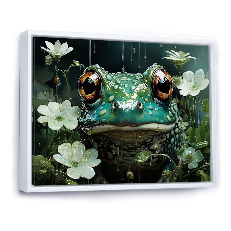Joli portrait de grenouille à l'étang I, Cadre flottant blanc, H 16 po x l 32 po x P 1 po