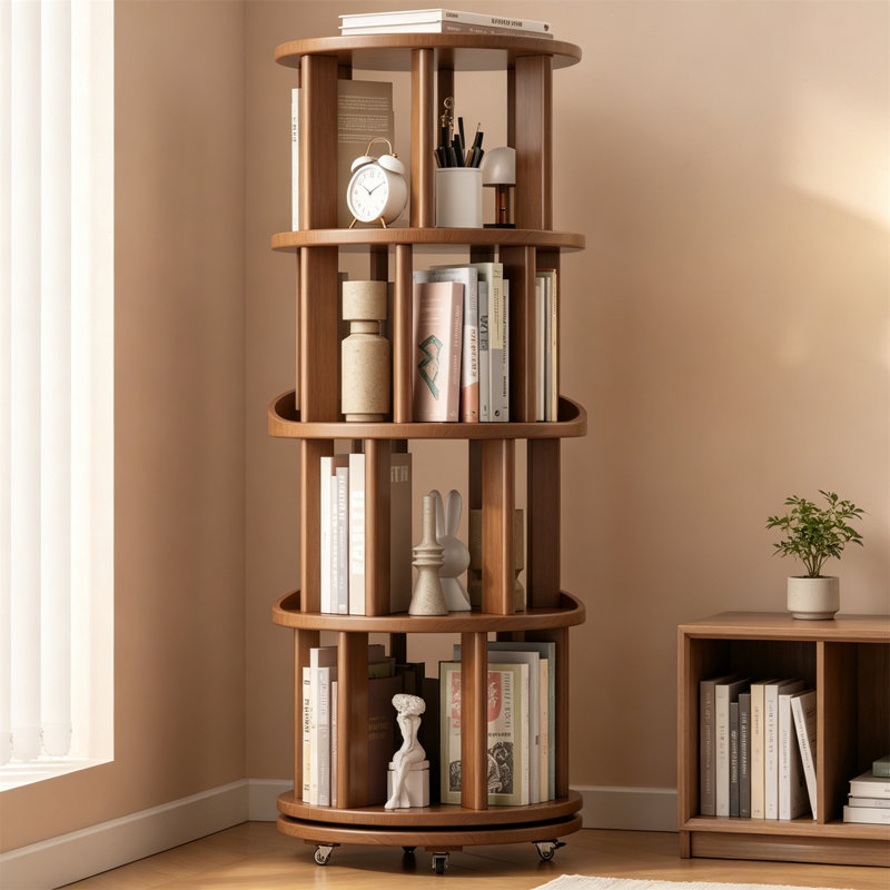 Corner Shelf, Solid Wood Rotating Bookshelf Tower with Wheels, Walnut