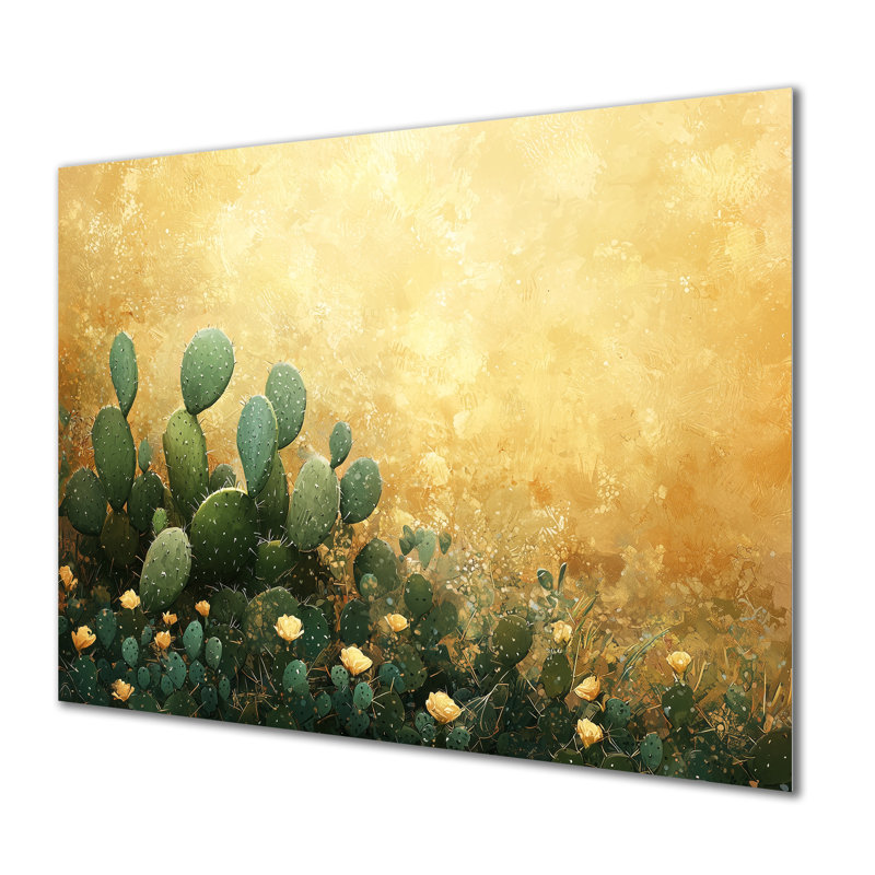 Cactus dans la lumière dorée II - Cactus, décoration murale en métal, reproduction d'art traditionnelle en métal